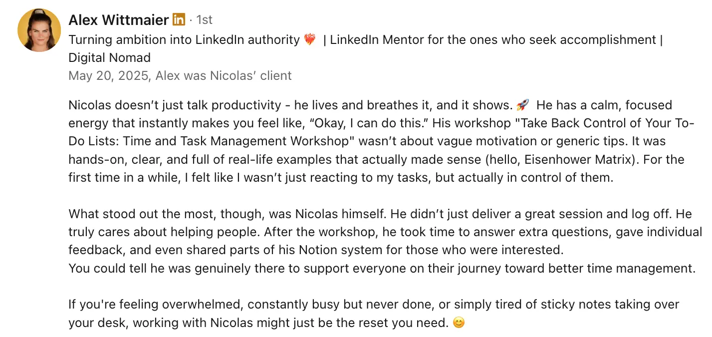 Testimonial Scale in Peace Nicolas Thanh Task Management Workshop from Alex