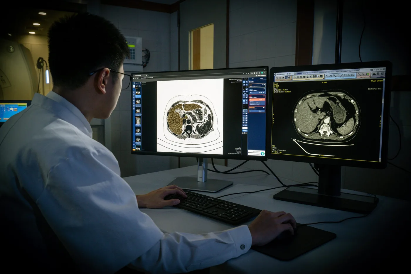 A doctor reading two chest scans on screen