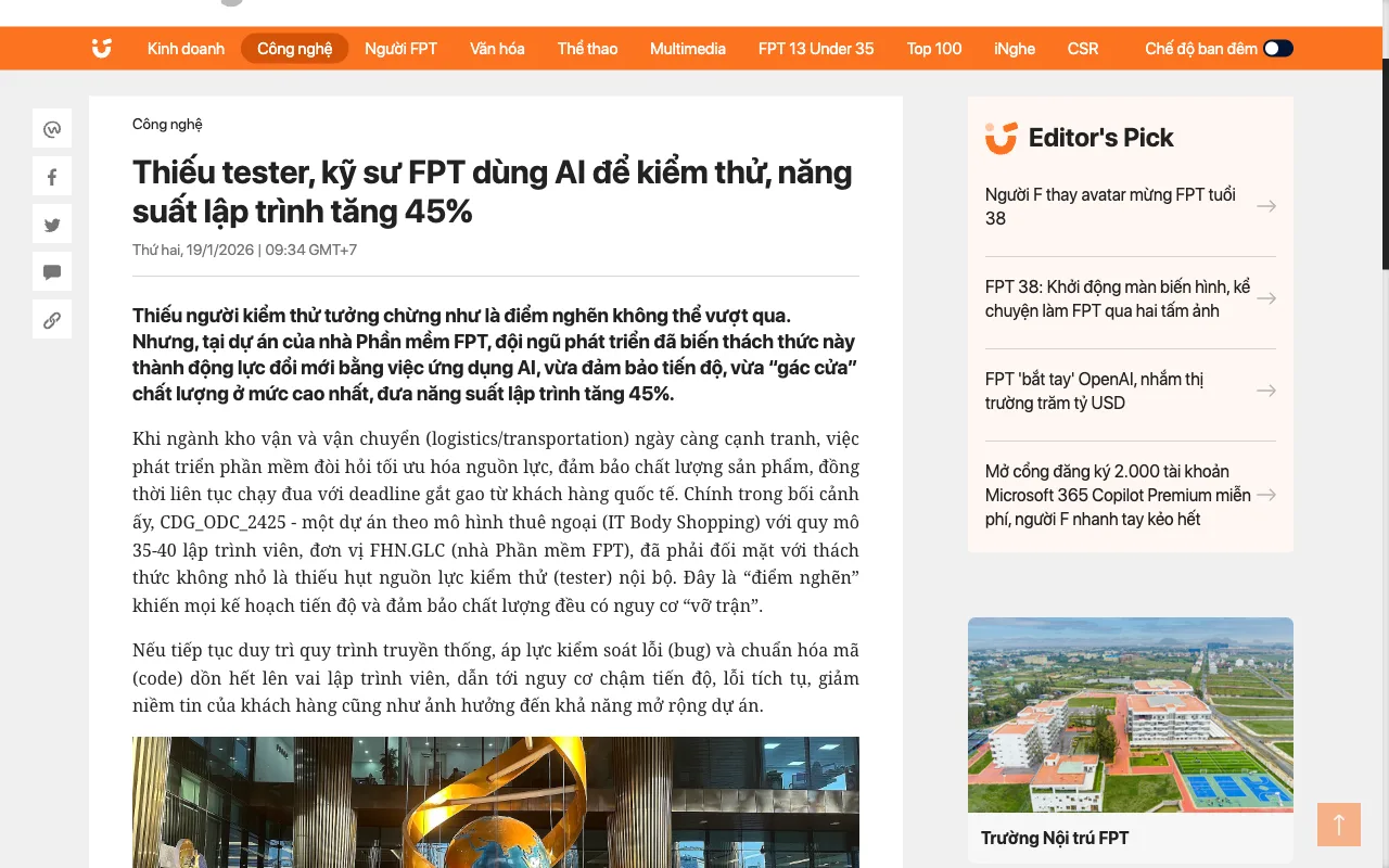 Chúng ta : faute de testeurs, les ingénieurs FPT utilisent l'IA pour les tests, productivité en hausse de 45 %