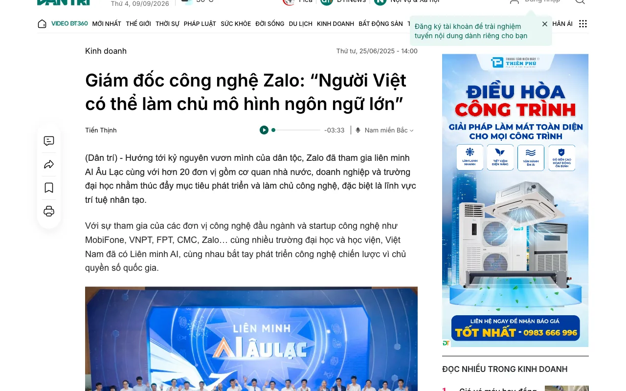 Dân trí : le directeur technique de Zalo, les Vietnamiens peuvent maîtriser un grand modèle de langue