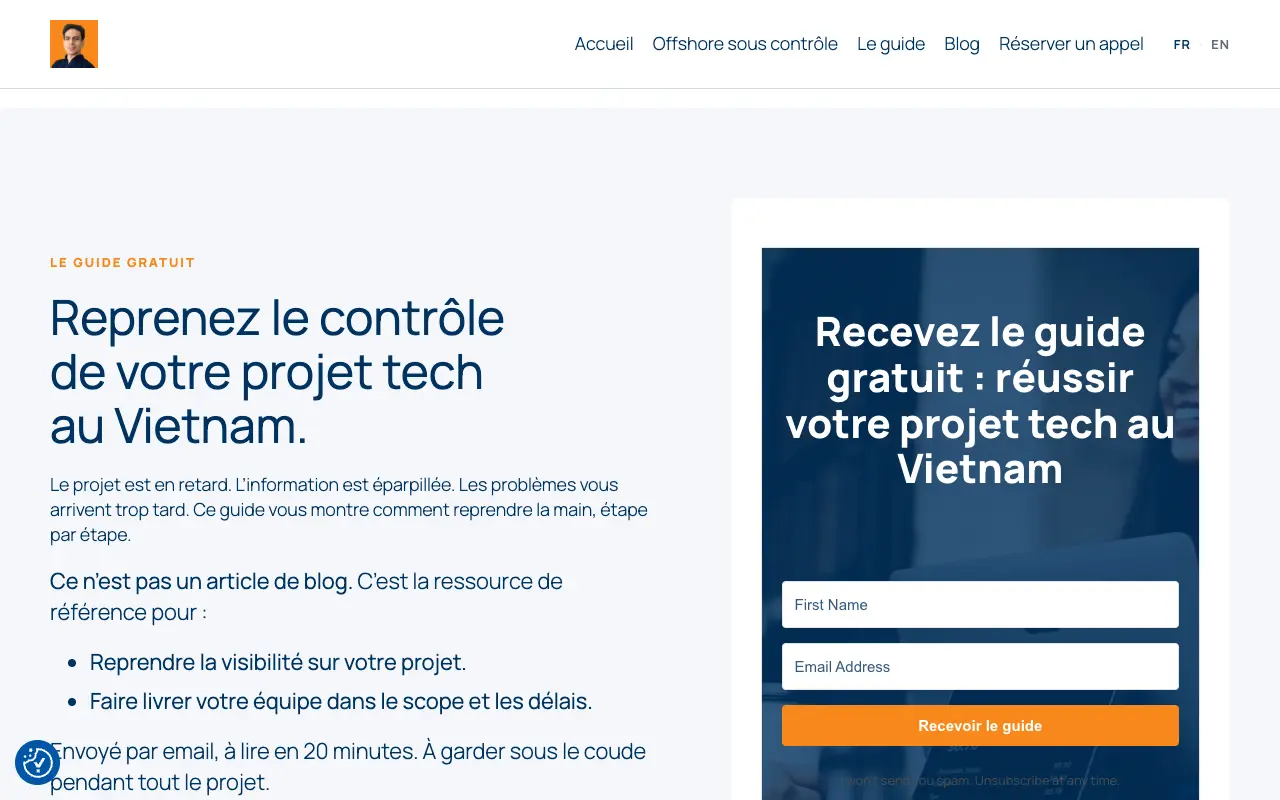 Capture du guide gratuit « Reprenez le contrôle de votre projet tech au Vietnam »