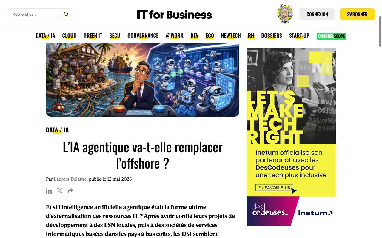 Capture de l'article IT for Business du 12 mai 2026 sur l'IA agentique et l'offshore