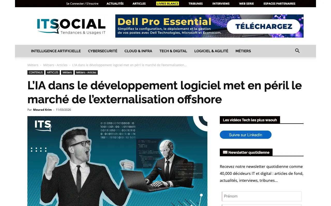 Capture de l'article IT Social du 11 mars 2026 sur l'IA et le marché de l'externalisation offshore