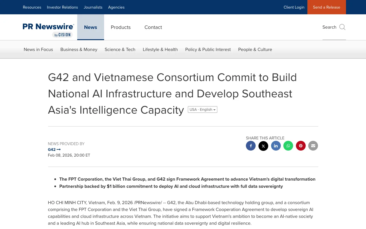 PR Newswire : G42 et un consortium vietnamien s'engagent à construire une infrastructure nationale d'IA