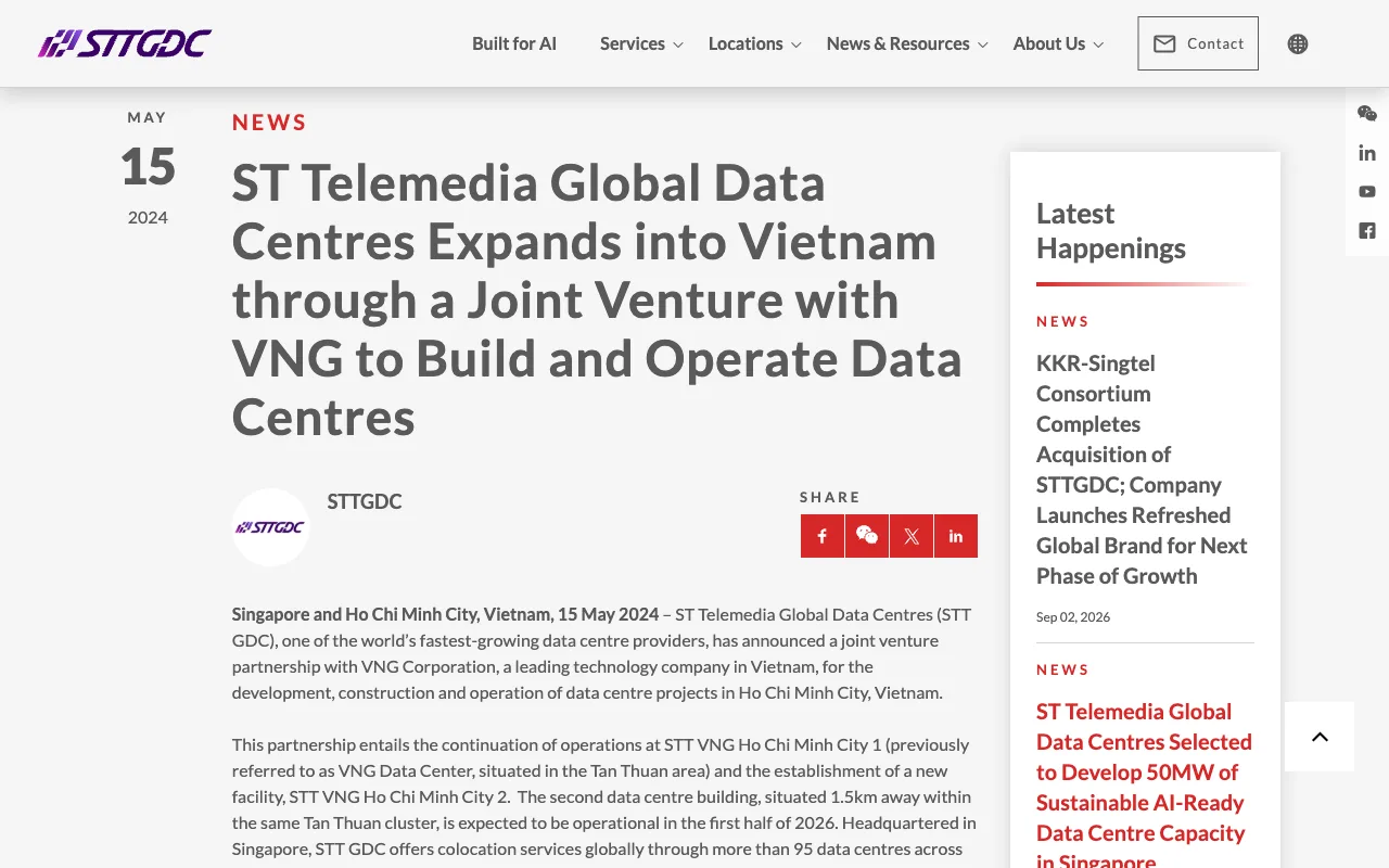 ST Telemedia Global Data Centres s'implante au Vietnam en coentreprise avec VNG