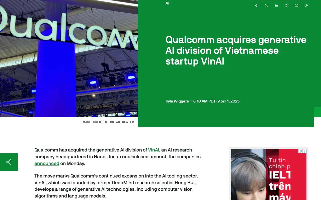 TechCrunch : Qualcomm rachète la division IA générative de VinAI