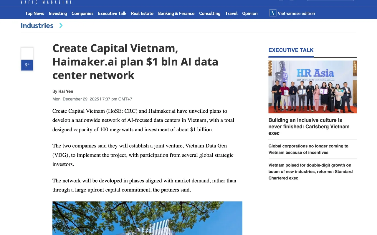 The Investor : Create Capital Vietnam et Haimaker.ai prévoient un réseau de centres de données IA à un milliard de dollars