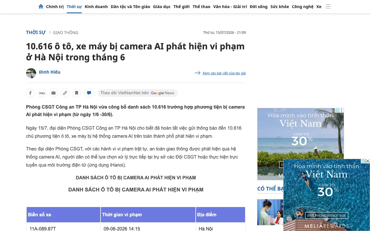 VietNamNet : 10 616 voitures et motos détectées en infraction par les caméras IA à Hanoï en juin