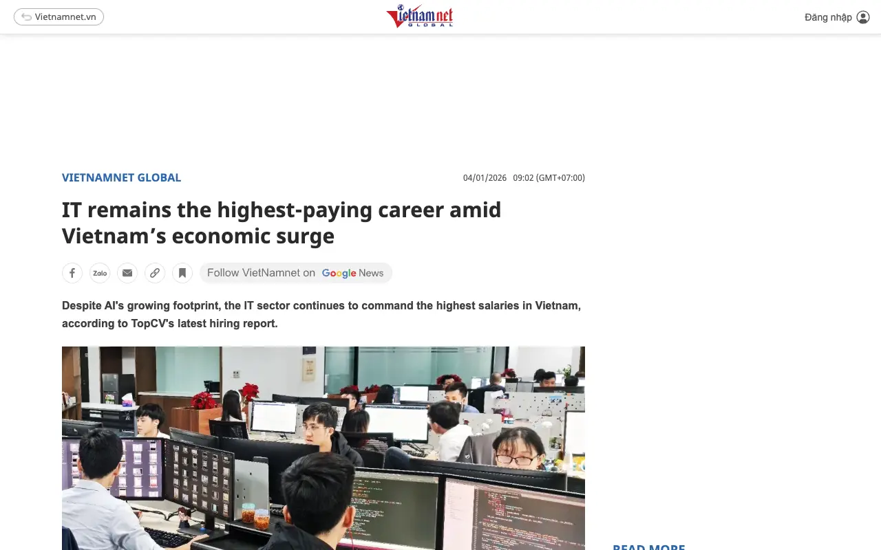 Capture de l'article Vietnamnet de janvier 2026 sur l'IA et le marché du travail au Vietnam