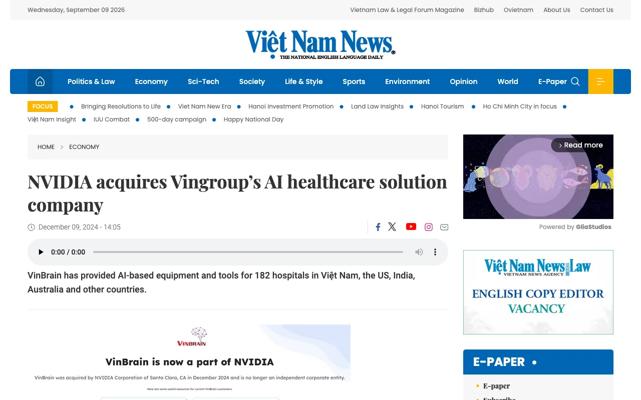 Viet Nam News : NVIDIA rachète la société d'IA médicale de Vingroup