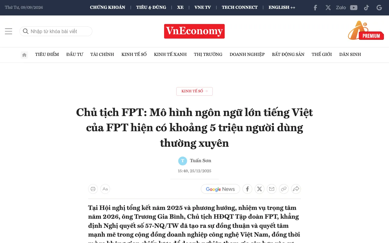 VnEconomy : le président de FPT annonce 5 millions d'utilisateurs réguliers du modèle vietnamien de FPT