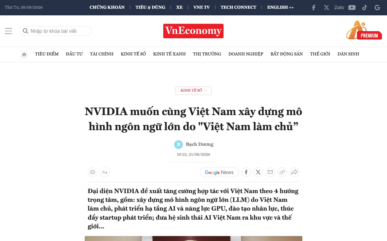 VnEconomy : NVIDIA veut construire avec le Vietnam un grand modèle de langue maîtrisé par le Vietnam