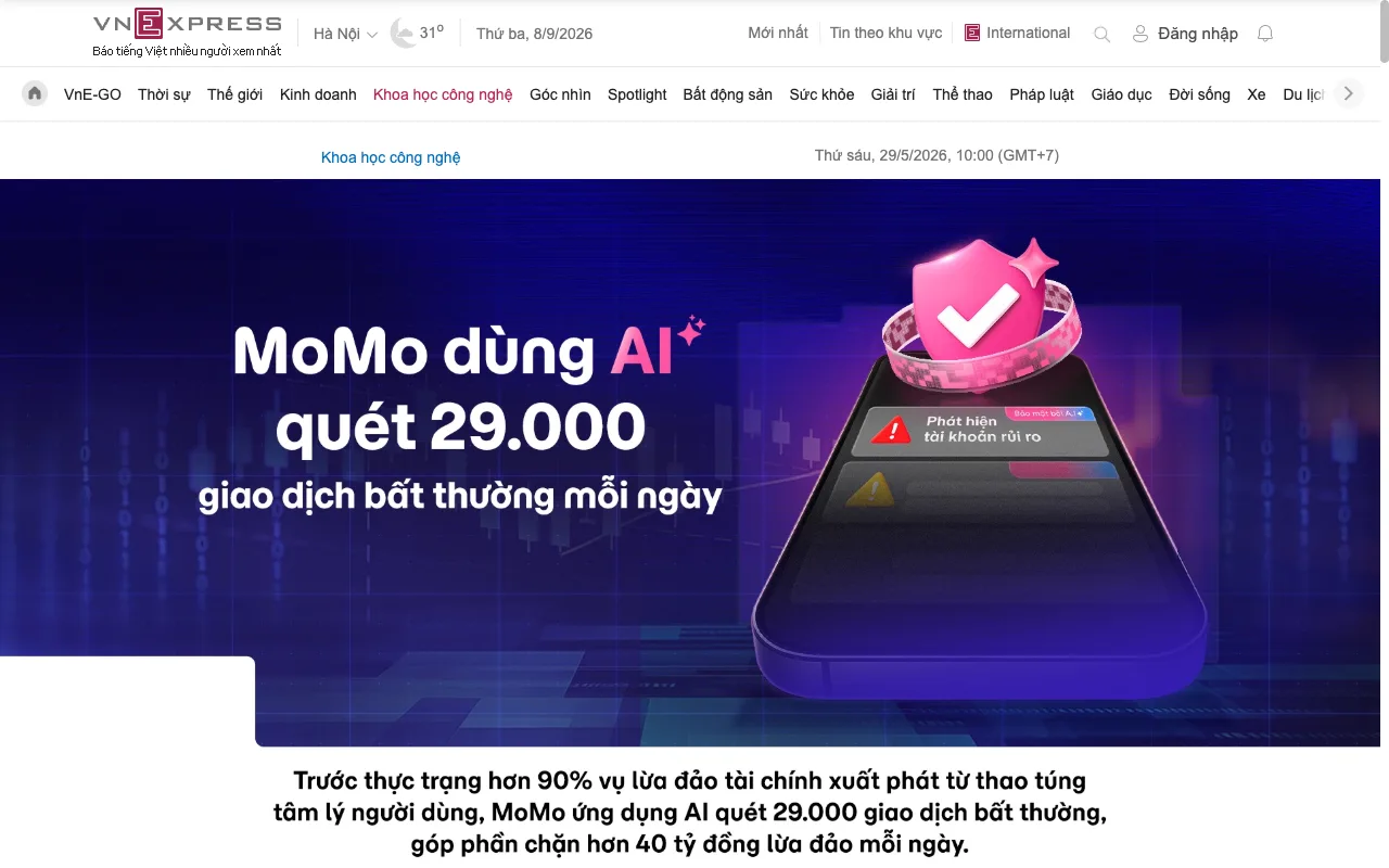 VnExpress : MoMo utilise l'IA pour filtrer 29 000 transactions anormales par jour