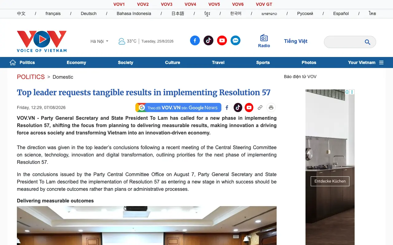 Capture de l'article VOV du 7 août 2026 sur la mise en oeuvre de la Résolution 57